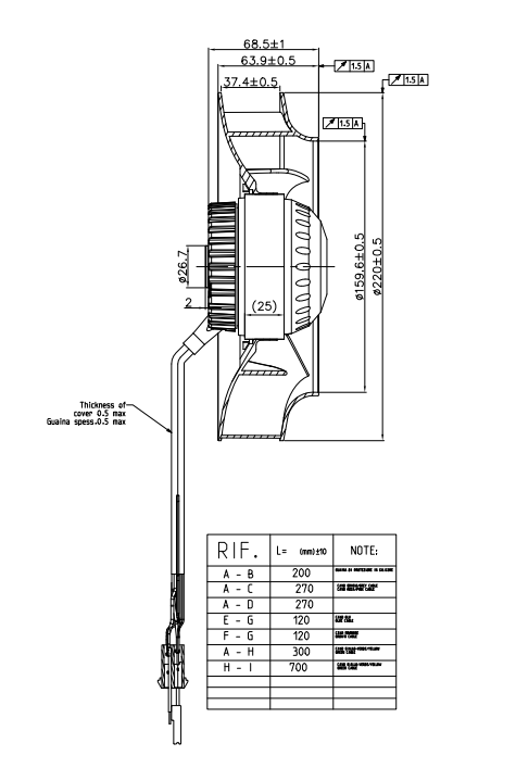 TKFAN 220mm AC Centrifugal Fan Side Cross-Sectional Dimensions